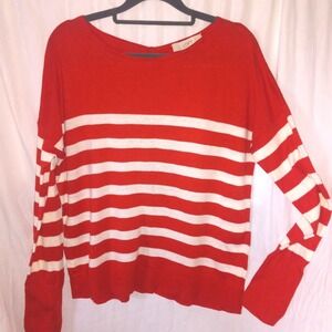 Ann Taylor Loft White Orange Striped‎ Button Sweater Lightweight Women's Size L